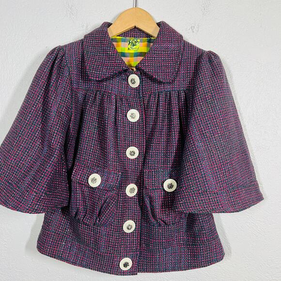 Nuvula Checker Peter Pan Jacket Coat Button Front 3/4 Bell Sleeve Bird Plaid - S - Picture 3 of 9